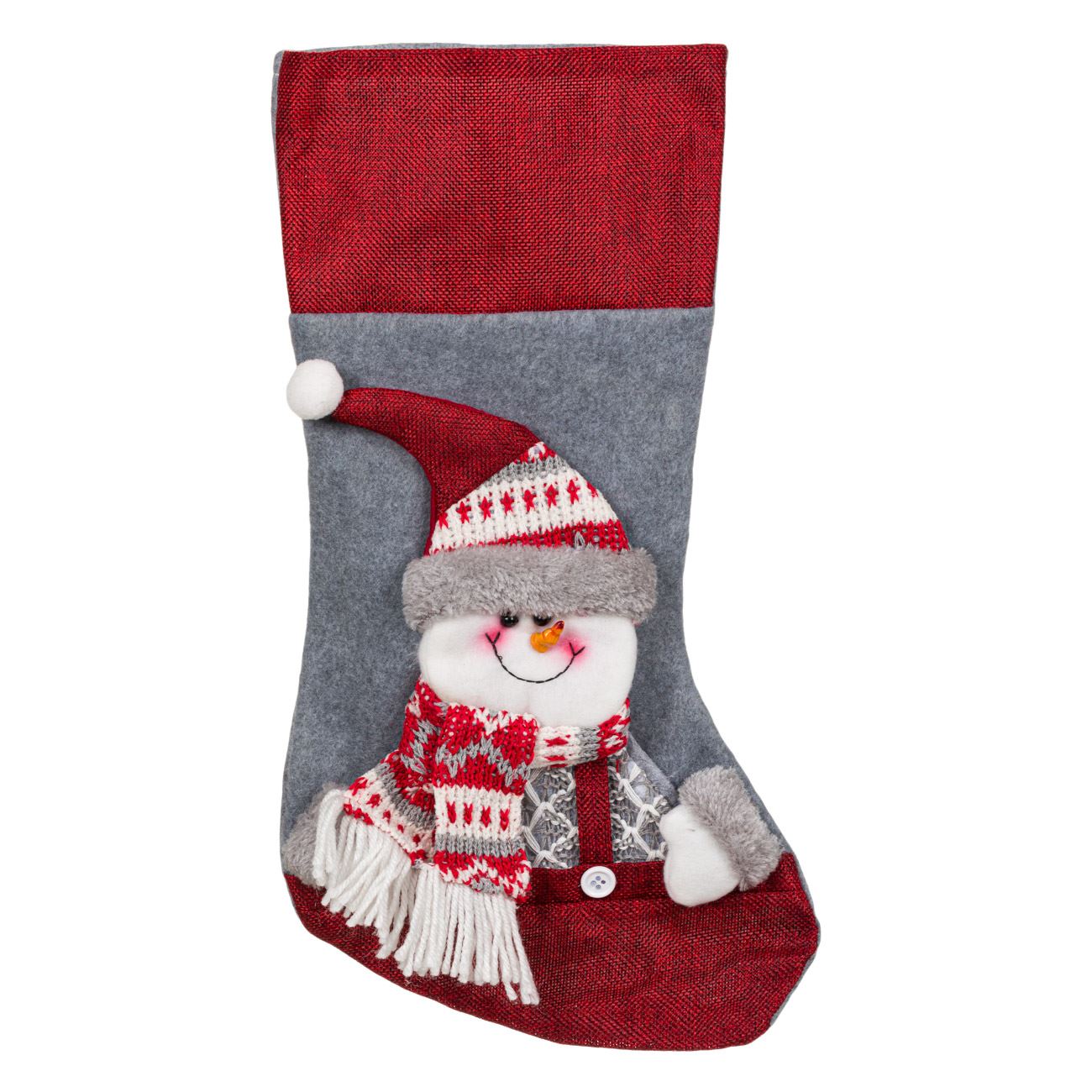 Decoratiune de Craciun, Zola®, cizmulita pentru cadouri, rosie/gri, 3D, Om de zapada, 48 cm