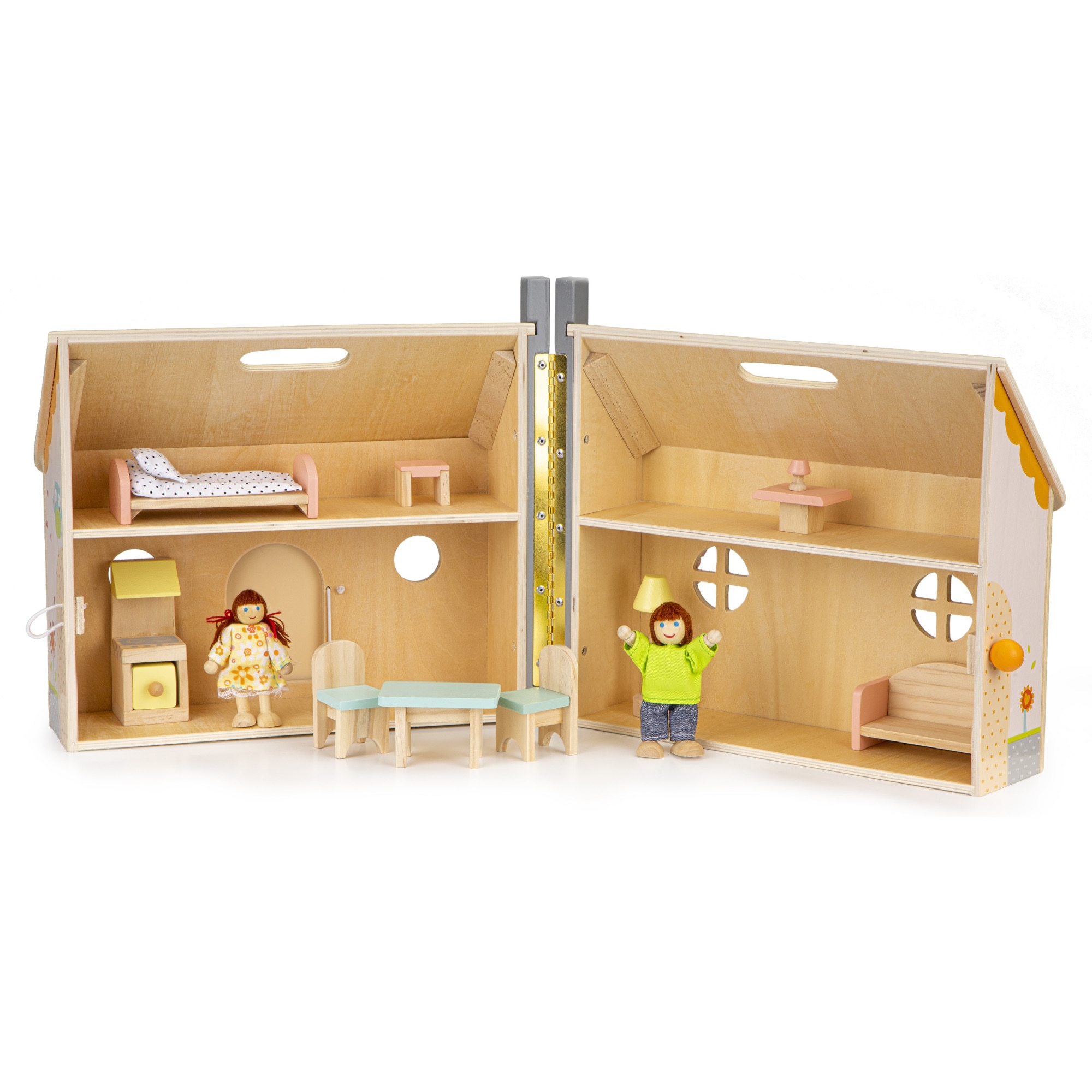 Casuta de papusi din lemn natural fara margini ascutite, 