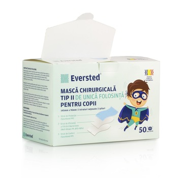 Set masti chirurgicale COPII, Eversted, BFE>98, Tip II, Albastru, 3 straturi, 50 bucati, Aviz ANMDMR Set masti chirurgicale COPII, Eversted, BFE>98, Tip II, Albastru, 3 straturi, 50 bucati, Aviz ANMDMR