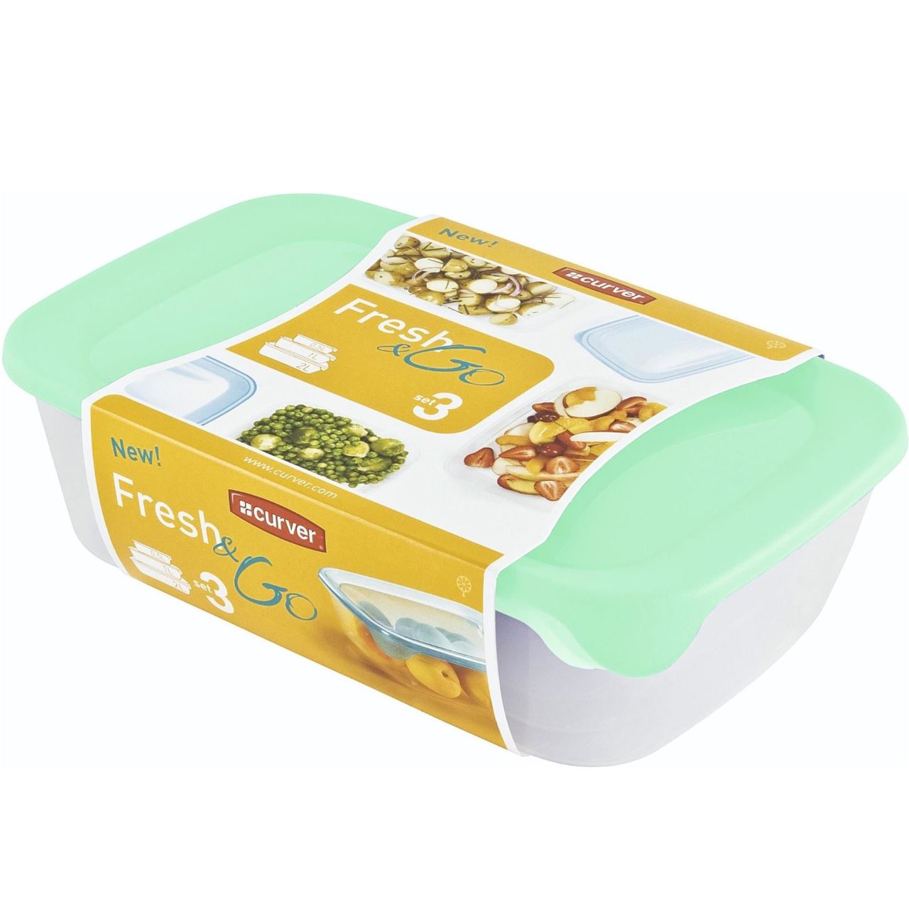 Set 3 cutii alimente Curver Fresh&Go, 0.5 L, 1 L , 2 L, 26 x 7.4 x 17 cm, plastic, Verde