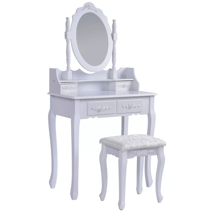 Set masa de toaleta pentru machiaj, ProCart, scaun, oglinda ovala, 4 sertare, design vintage, alb