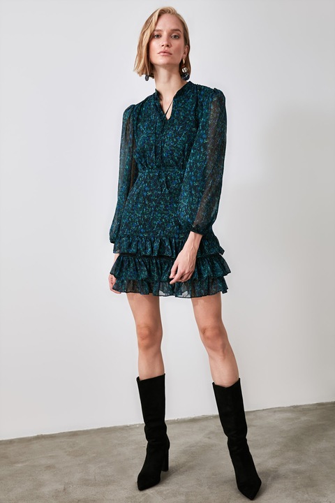 Trendyol, Къса разкроена набран подгъв, Зелен/Син, L