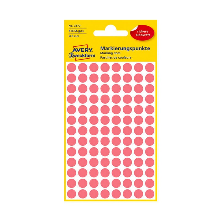 8*8 mm-es Avery Zweckform öntapadó íves etikett címke, neon piros színű (4 ív/doboz), normál ragasztóval