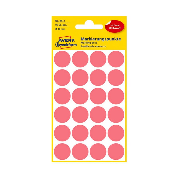 18*18 mm-es Avery Zweckform öntapadó íves etikett címke, neon piros színű (4 ív/doboz), normál ragasztóval