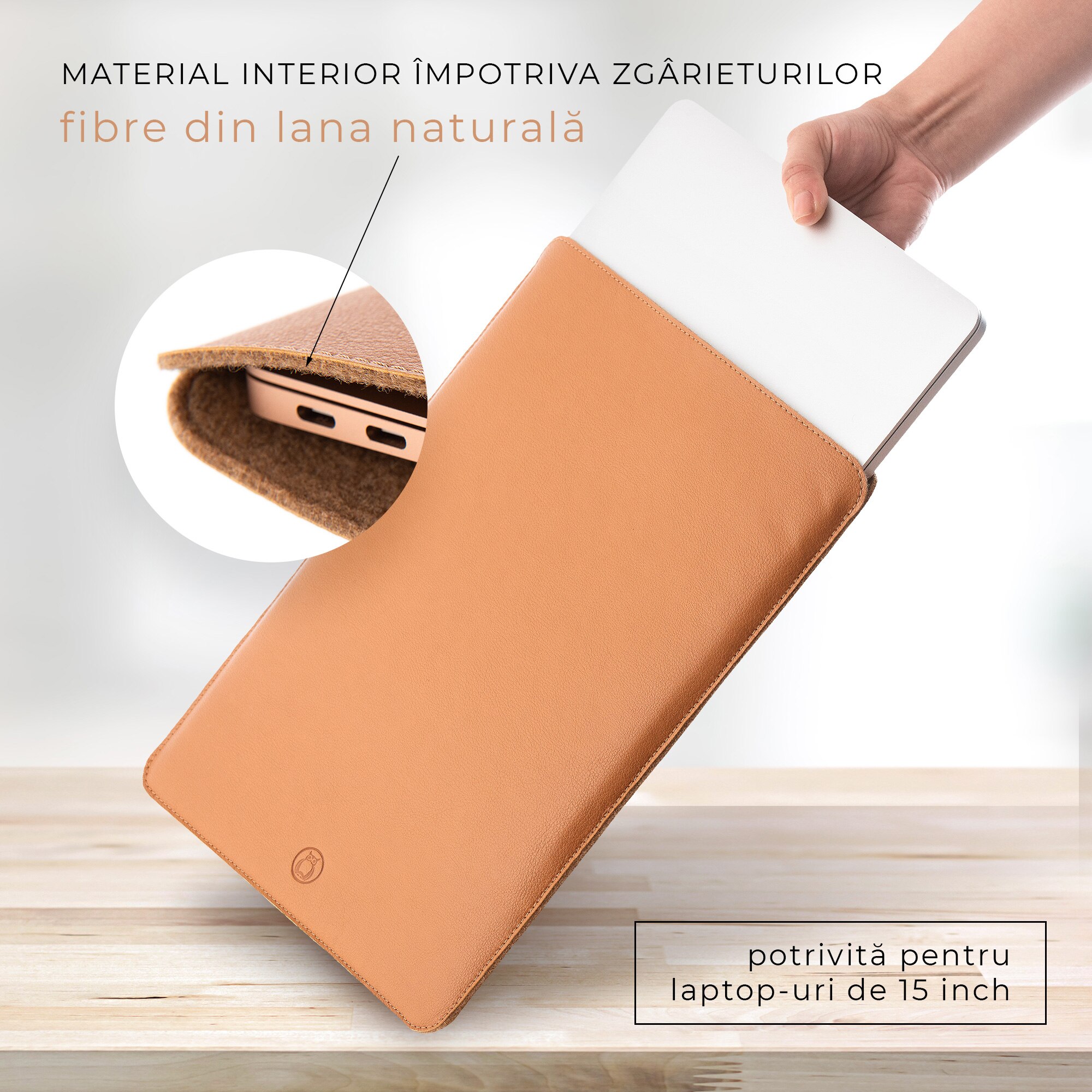 Husa laptop, MacBook PRO 15 inch, UNIKA, piele PU cu lana din fibre naturale, bej