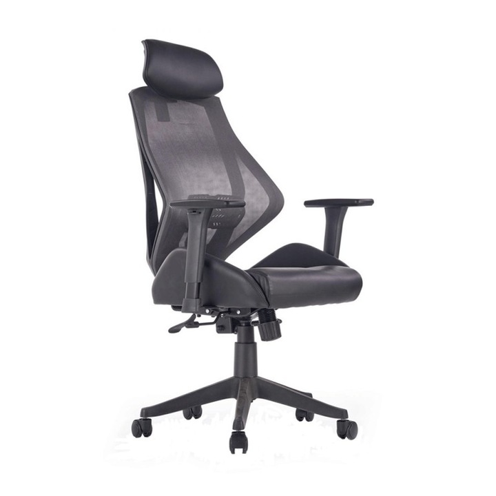 Scaun directorial mesh HM Hasel, Ergonomic, Cadru Polipropilena, Piele ecologica, Inaltime ajustabila, Mecanism Multiblock, H 118 cm, Sarcina max 120 Kg, Negru/Gri