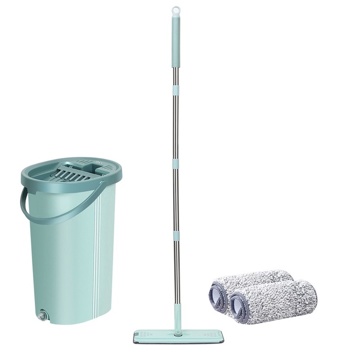 Set galeata rotunda cu storcator si 2 rezerve mop pentru curatenie, pentru curatarea multiple suprafete, Turcoaz