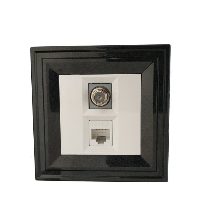 Priza TV + priza date LB Light Classic, alb cu rama negru perlat