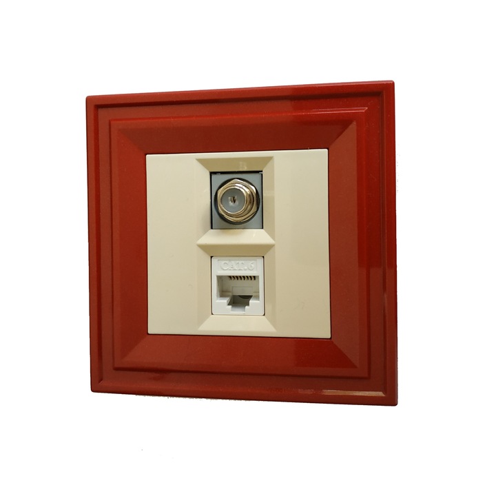 Телевизионна и Компютърна розетка LB Light Classic, кремав с червена рамка