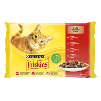 Hrana umeda pentru pisici Friskies Adult, Pui & Vita & Miel & Rata In Sos, 4x85g Hrana umeda pentru pisici Friskies Adult, Pui & Vita & Miel & Rata In Sos, 4x85g