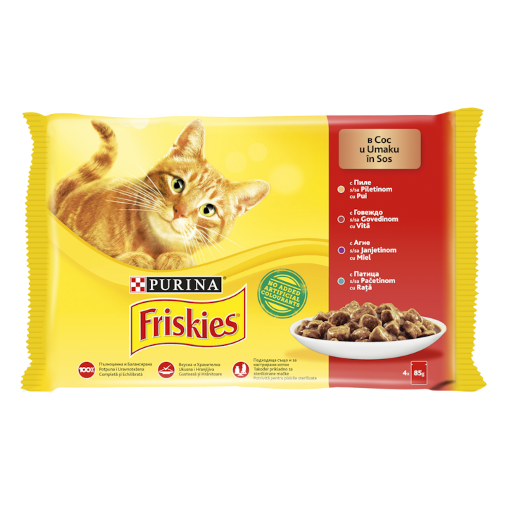 Мокра храна за котки Friskies Adult, Пилешко & Говеждо & Агнешко & Патешко в сос, 4 X 85 г