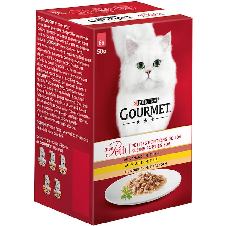 Hrana umeda pentru pisici Gourmet Mon Petit, Pui, Rata, Curcan In Sos, 6 x 50 g