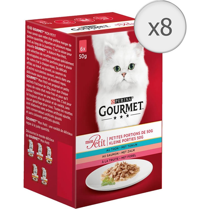 PURINA® GOURMET® MON PETIT, cu Ton, Somon, Pastrav, mini fileuri in sos, hrana umeda pentru pisici,8x6x50 g
