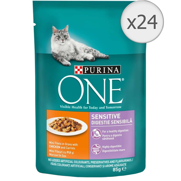 Purina One Sensitive nedves macskaeledel, mini filé mártással, csirke és sárgarépa, 24 x 85 g