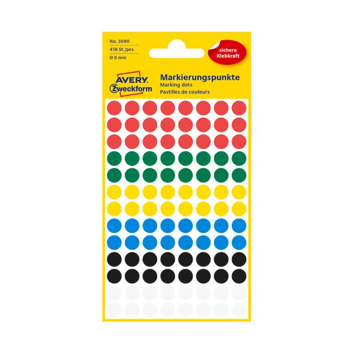 8*8 mm-es Avery Zweckform öntapadó íves etikett címke, vegyes színű (4 ív/doboz), normál ragasztóval