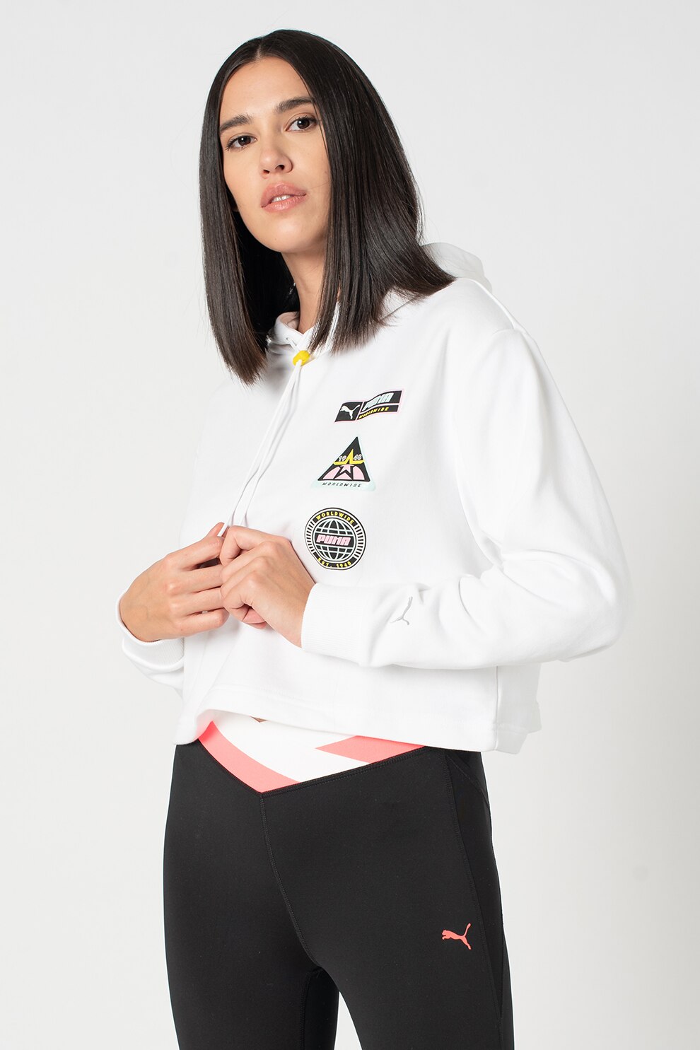 Puma, Hanorac crop cu logo, Alb/Negru/Verde pal