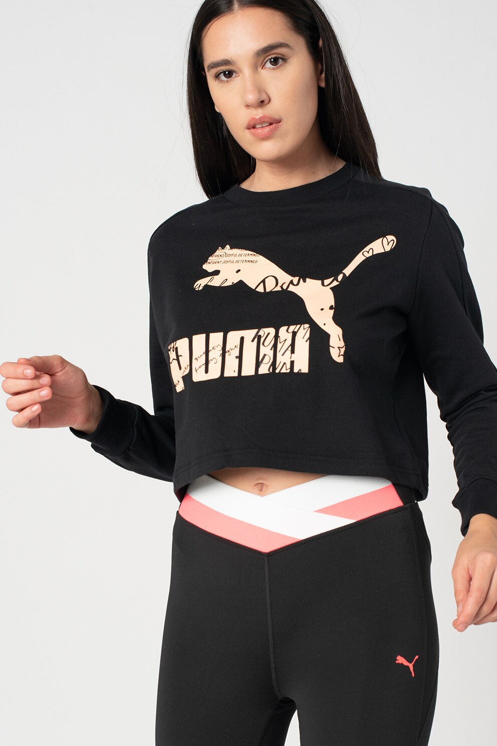 Puma, Bluza sport crop cu imprimeu logo Classics, Negru/Roz piersica, L