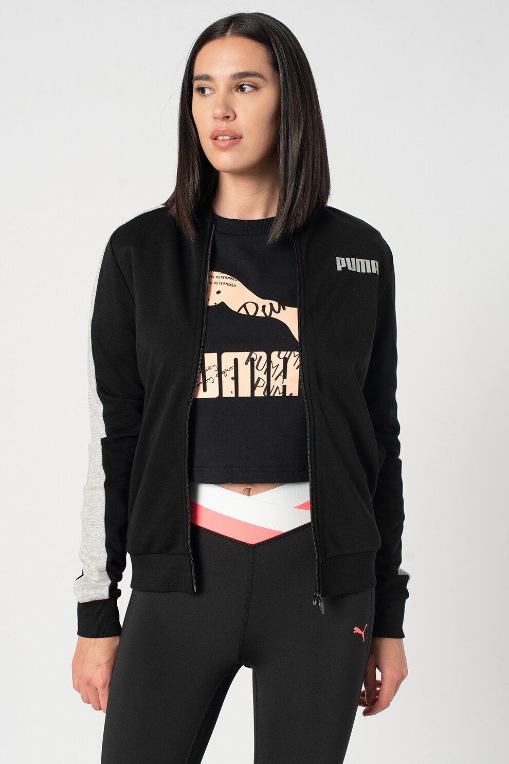 Puma, Bluza sport cu fermoar Contrast, Negru/Gri deschis melange