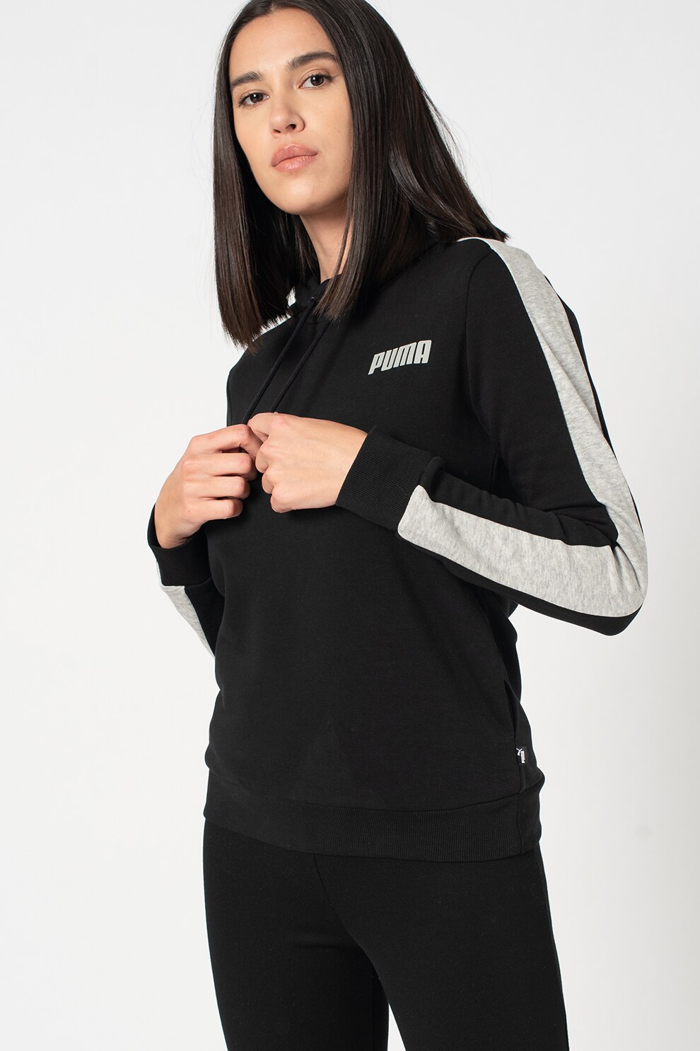 Puma, Hanorac cu snur de ajustare si logo, Negru/Gri deschis melange