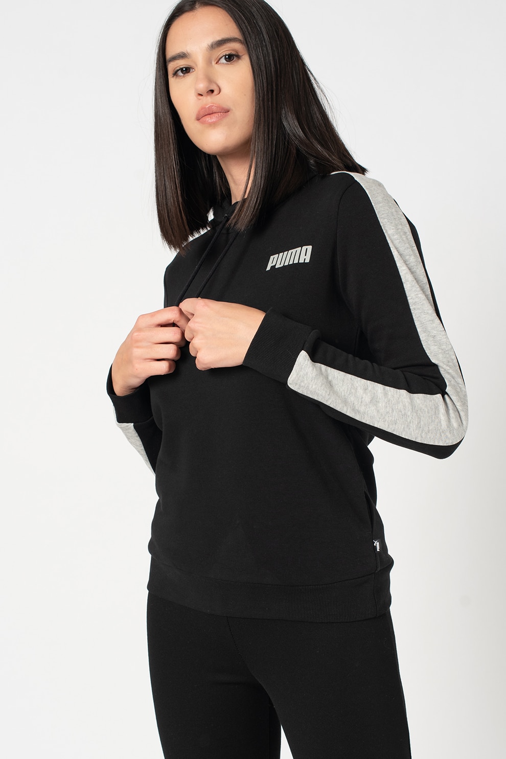 Puma, Hanorac cu snur de ajustare si logo, Negru/Gri deschis melange