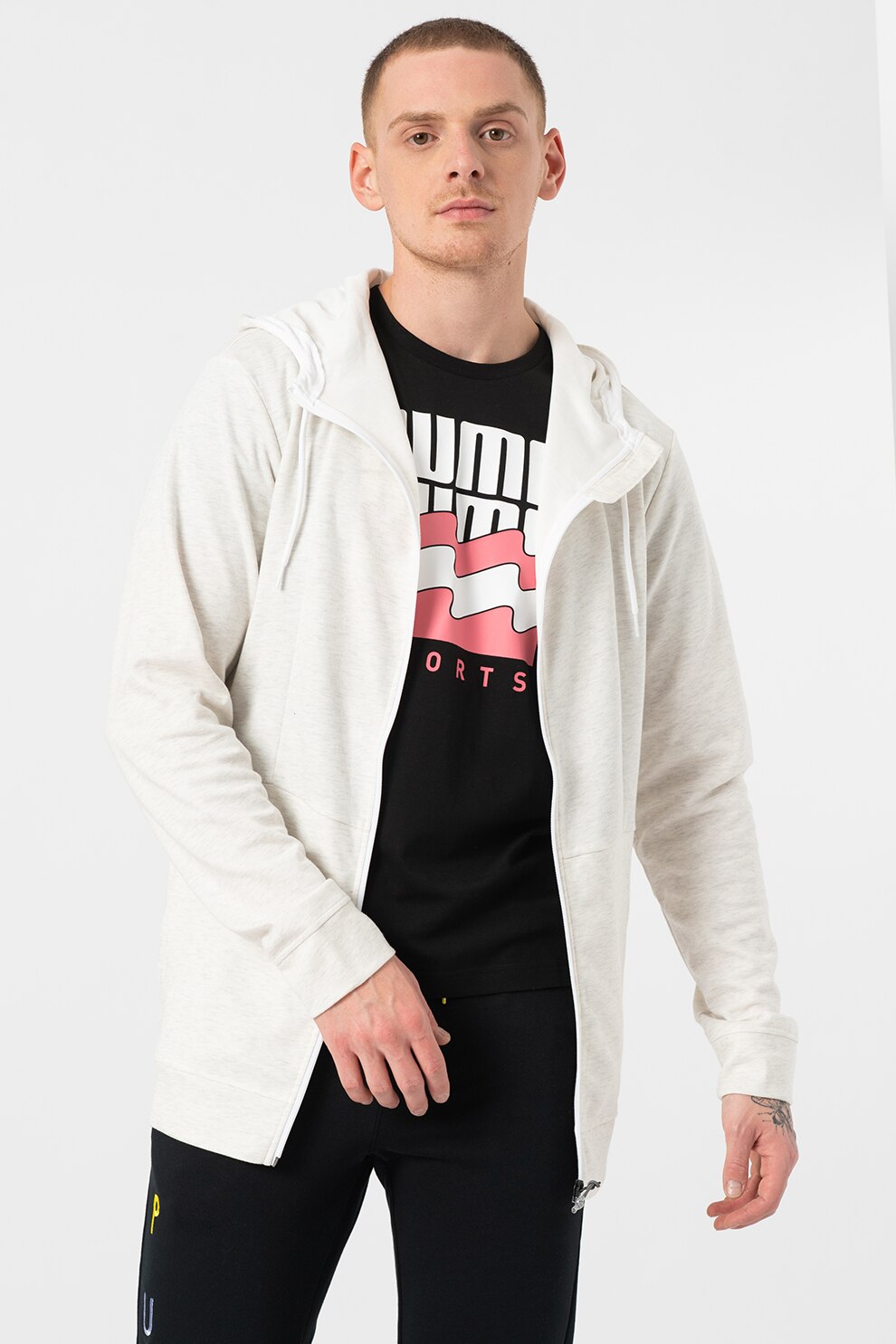 Puma, Hanorac cu fermoar, snur de ajustare si tehnologie DryCell Energy, Gri deschis melange/alb prafuit