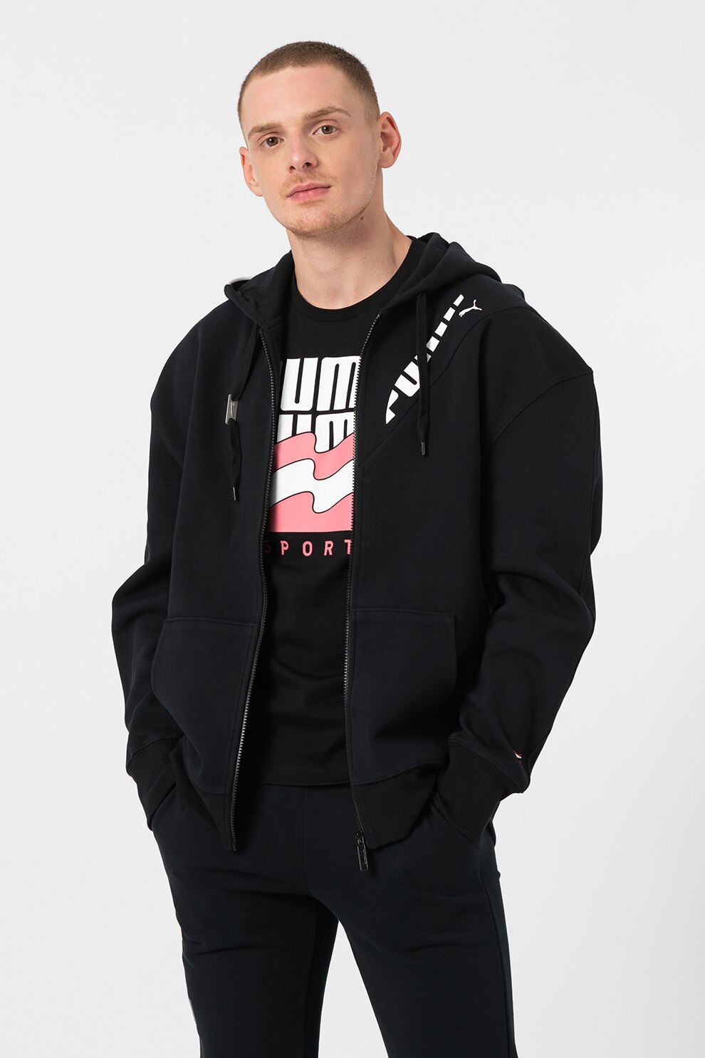 Puma, Hanorac cu fermoar si maneci cazute Ader, Negru/Rosu/Alb, XS