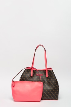 Guess, Geanta shopper cu etui interior Vikky, Maro inchis/Maro camel/Roz neon Guess, Geanta shopper cu etui interior Vikky, Maro inchis/Maro camel/Roz neon