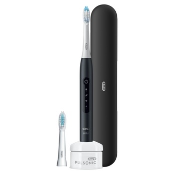 Periuta de dinti electrica Oral-B Pulsonic Slim Luxe 4500, tehnologie Soft Sound, 31.000 miscari/minut, 3 programe, 2 capete, trusa de calatorie, negru