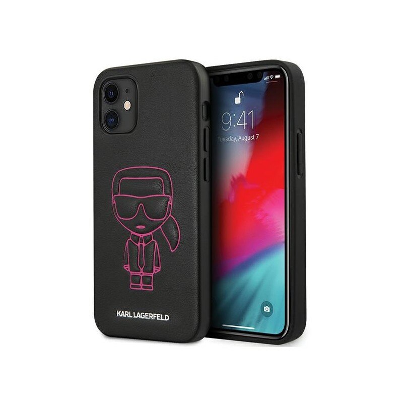 Husa Premium Karl Lagerfeld iPhone 12 Mini , colectia Karl Ikonik Outline , negru / Roz - Klhcp12spcuikpi