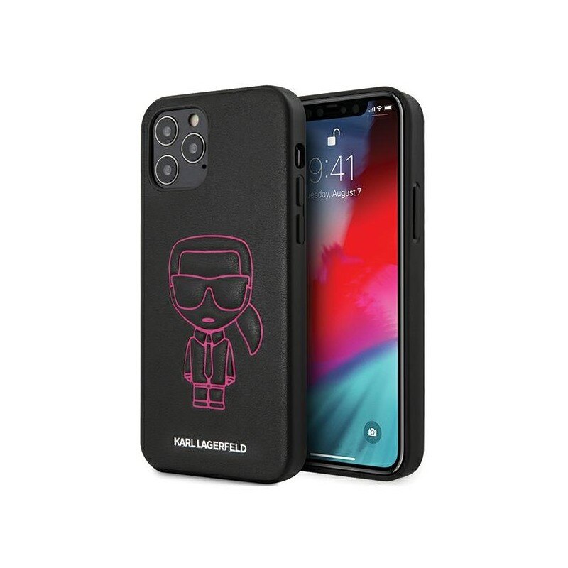 Husa Premium Karl Lagerfeld iPhone 12 / iPhone 12 Pro , colectia Karl Ikonik Outline , negru/roz - Klhcp12mpcuikpi