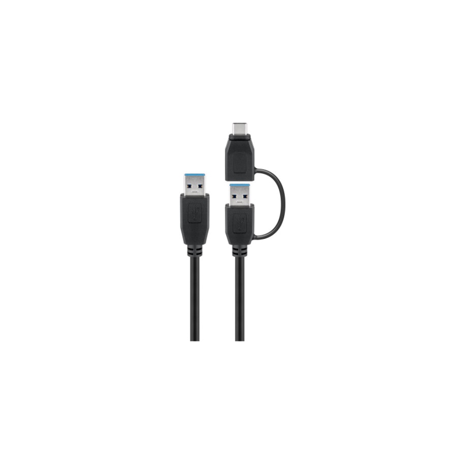 Cablu USB 3.0 A Tata Cu Adaptor USB A Tata La USB-C Tata 2m Negru, Goobay