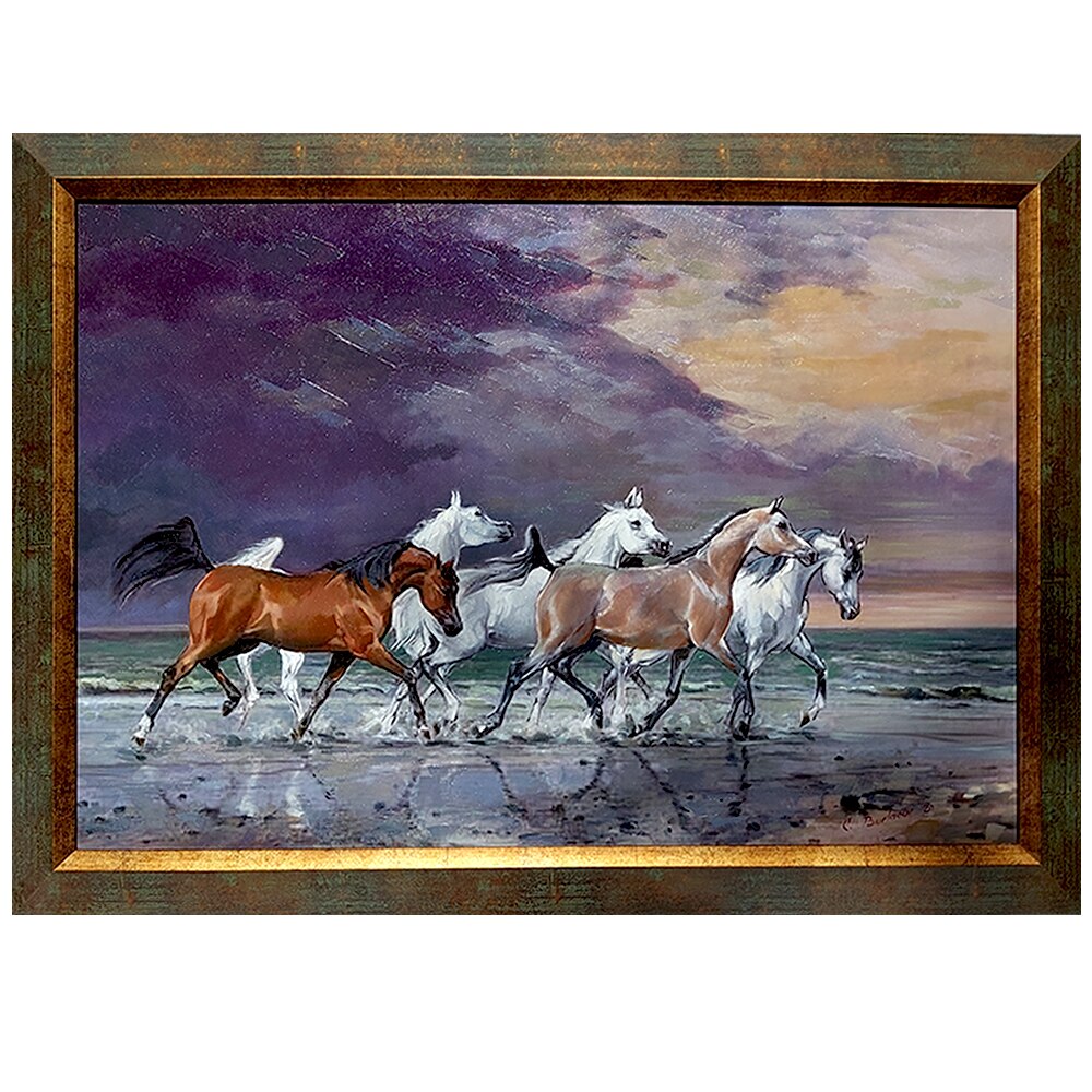 Tablou ArtDeco Cai liberi pe malul marii, pictura in ulei, panza caserata pe MDF, dimensiuni exterioare cu rama 68 x 48 cm (latime x inaltime)