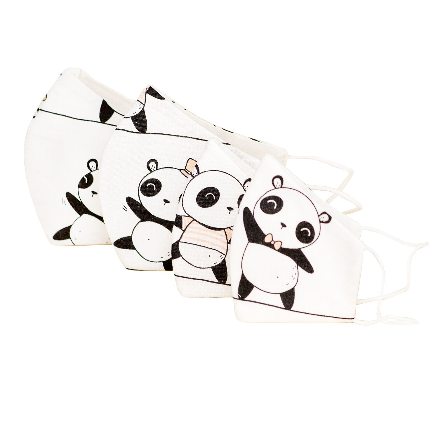 Set 4 Masti protectie faciala FAMILY PANDA 2, reutilizabile, bumbac, 3 straturi, anatomice, cu elastic, copii si adulti