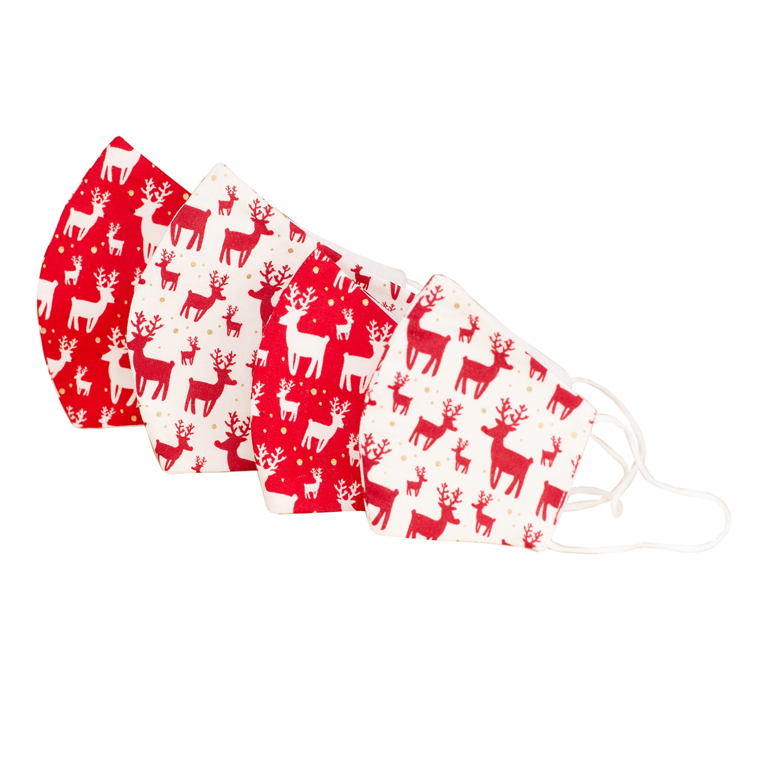 Set 4 Masti protectie faciala ADULTI, REINDEERS, reutilizabile, bumbac, 3 straturi, anatomice, cu elastic, modele Craciun