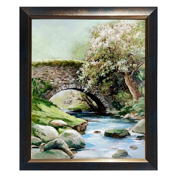 Tablou ArtDeco Pod de piatra cu cires inflorit, pictura in ulei pe panza caserata pe MDF, dimensiuni exterioare cu rama 37 x 31 cm (inaltime x latime), compozitie proprie Tablou ArtDeco Pod de piatra cu cires inflorit, pictura in ulei pe panza caserata pe MDF, dimensiuni exterioare cu rama 37 x 31 cm (inaltime x latime), compozitie proprie