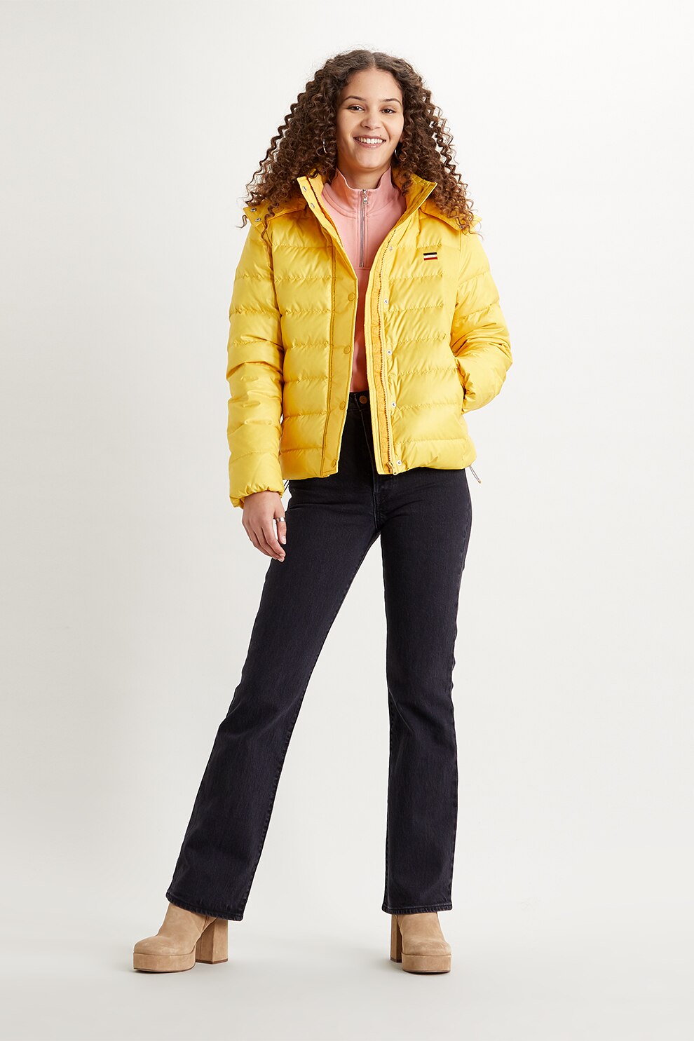 Levi's, Geaca cu umplutura de puf si gluga detasabila, Galben pai, M