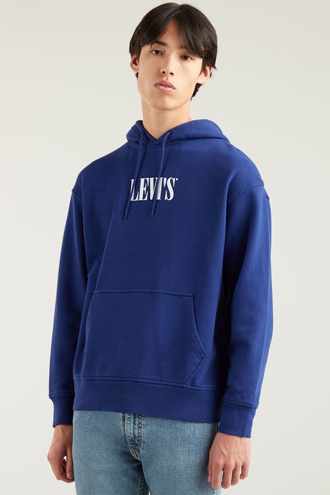 Levi's, Logómintás kapucnis pulóver kenguruzsebbel, Sötétkék, XL