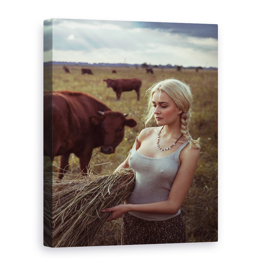 Tablou canvas - Portret, Fata, Rural, Fan, Vaca, 90 x 120 cm