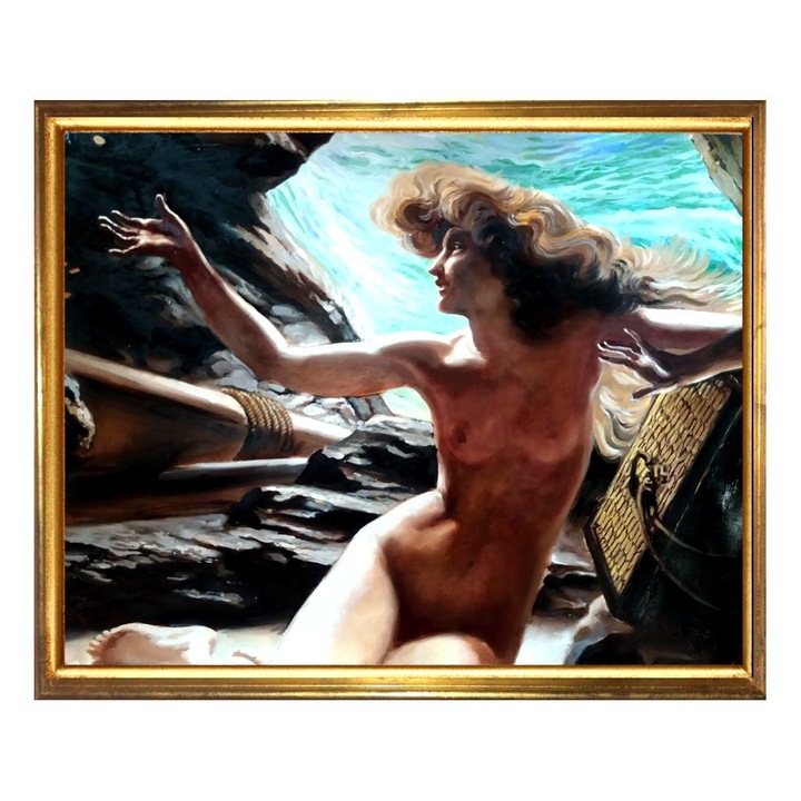 Tablou Naufragiata, femeie pictata, Peisaj marin, pictat manual cu ulei pe panza, 69x59 cm