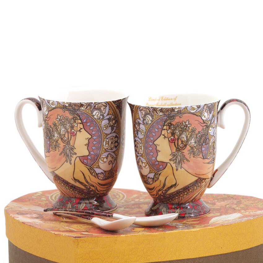 Set 2 cesti portelan si lingura - ALPHONSE MUCHA, 