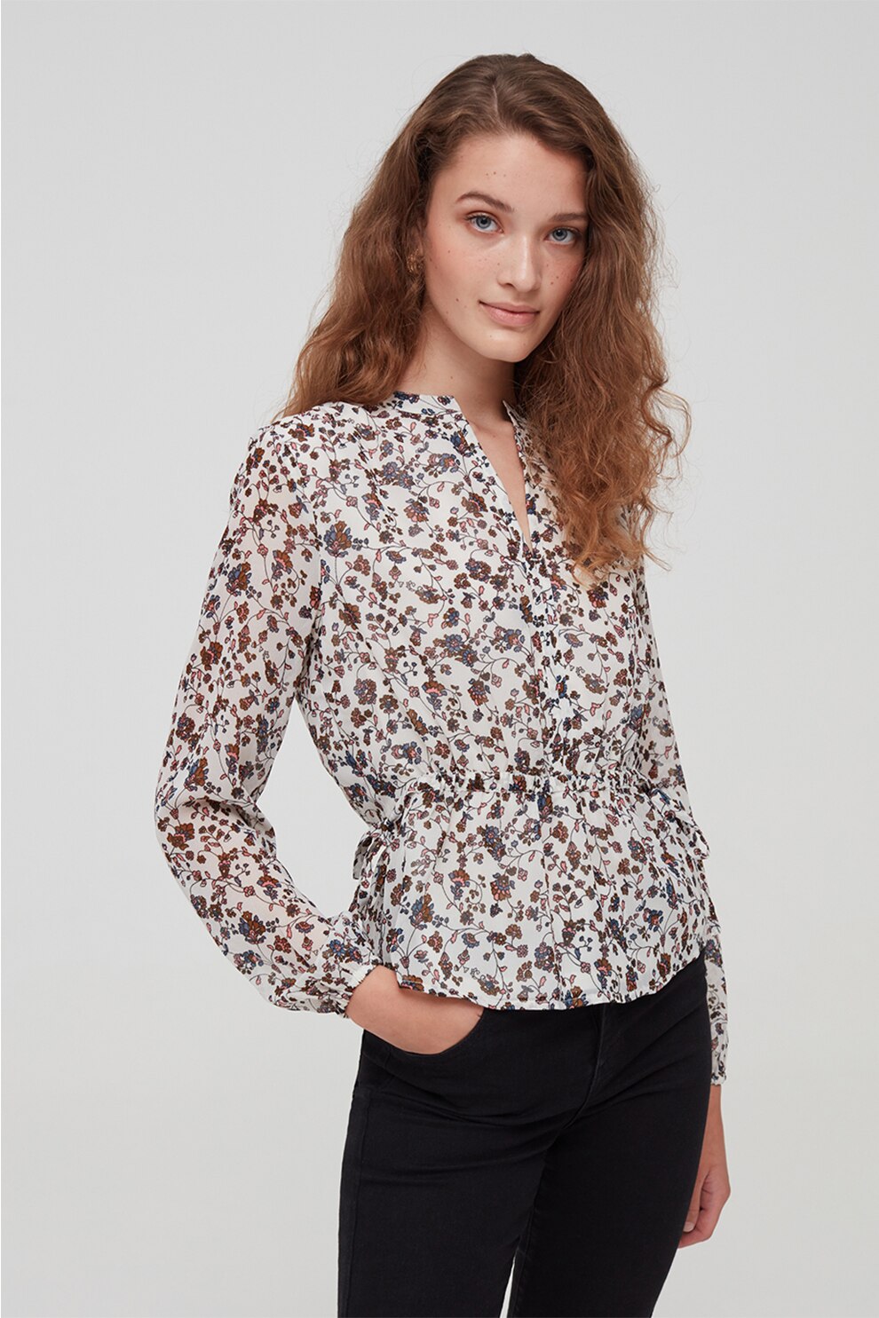 OVS,Bluza cu maneci lungi si model floral, Alb prafuit/Maro, L