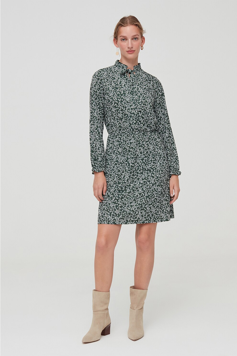 OVS, Rochie cu model floral si insertie elastica, Verde