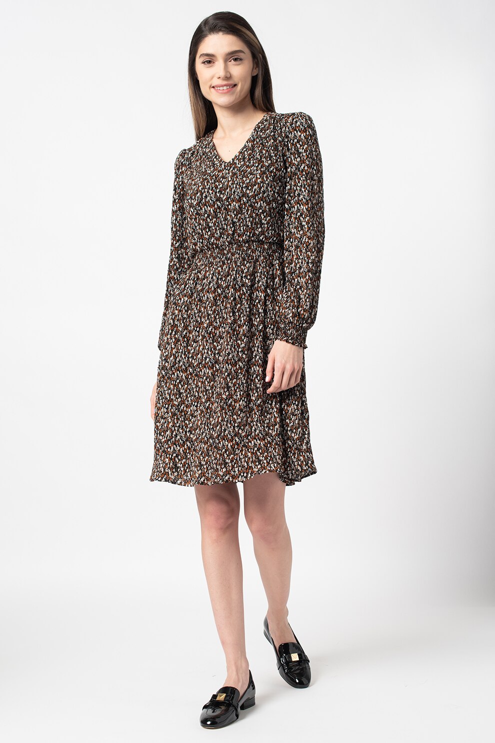 OVS, Rochie cu decolteu in V si model floral, Negru/Alb/Rosu caramizu