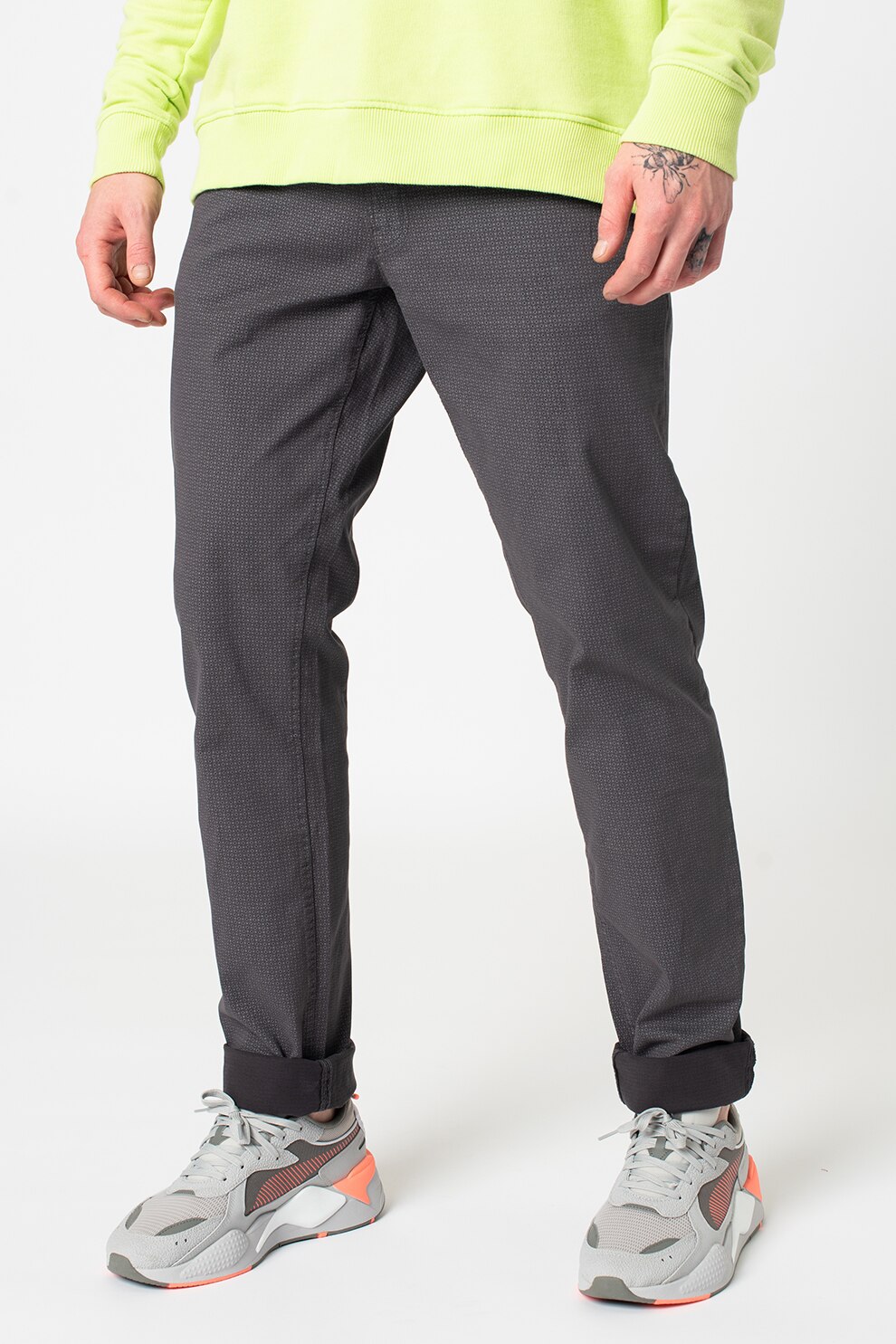 OVS, Pantaloni slim fit cu model geometric, Gri inchis, S-M