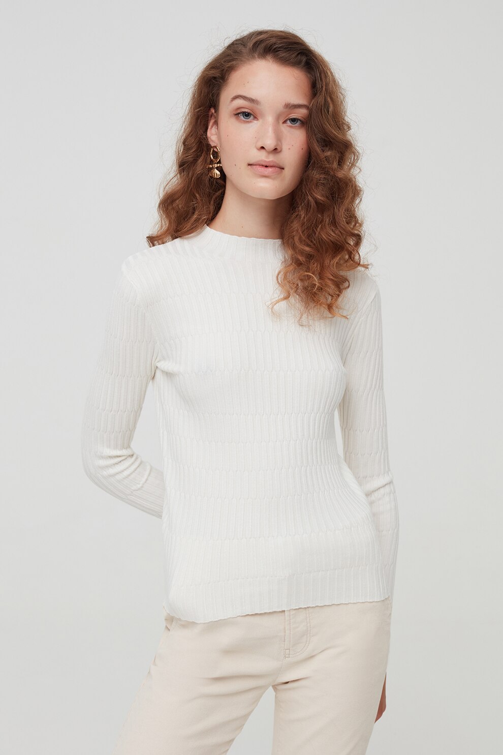OVS, Pulover texturat cu guler inalt, Alb