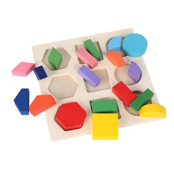 Set Puzzle 3D din lemn,Montessori, Forme geometrice, 18 piese, Multicolor