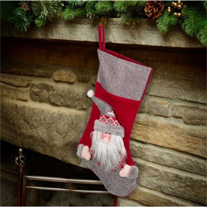 Cizmulita decorativa Mos Craciun gri/rosu 25x44 cm