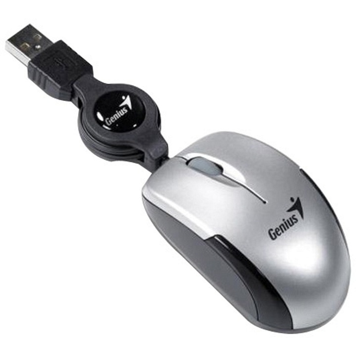 Мишка Genius MicroTraveler V2, Жична, 1200 DPI, Кабел с ретрактор, USB, Silver