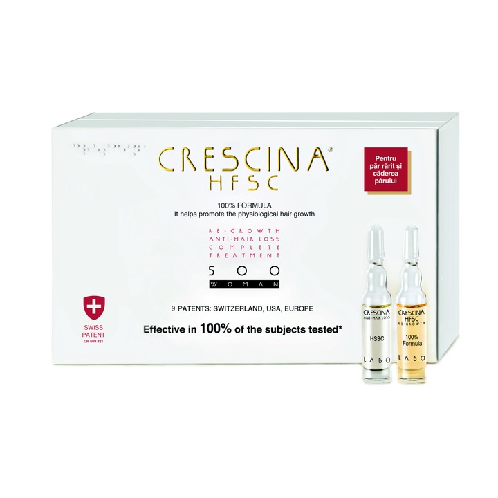 Fiole impotriva caderii parului HFSC 100% 500 Crescina, femei, 10+10 fiole