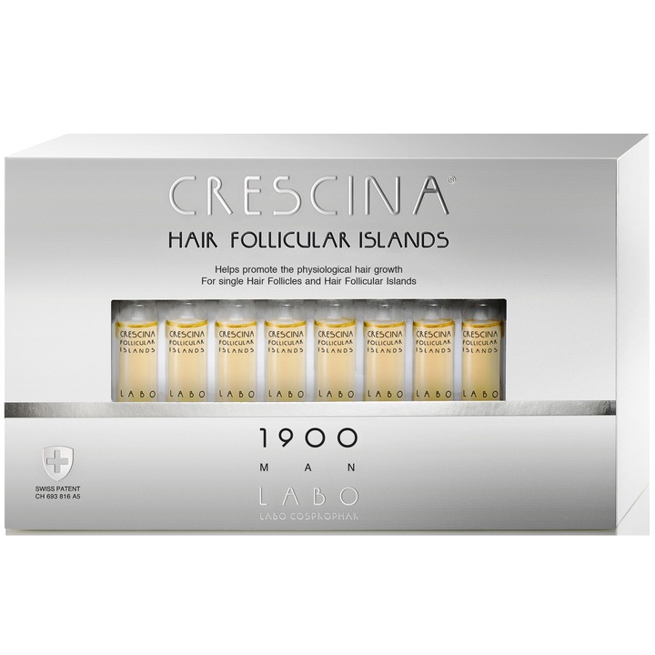 Терапия Crescina Follicular Islands 1900, За средни етапи на изтъняване на косата, За мъже, 20 ампули